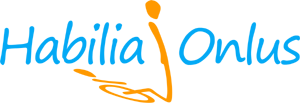 Logo dell'associazione Habilia Onlus. Un uomo in piedi riflette l'ombra di una persona su sedia a rotelle